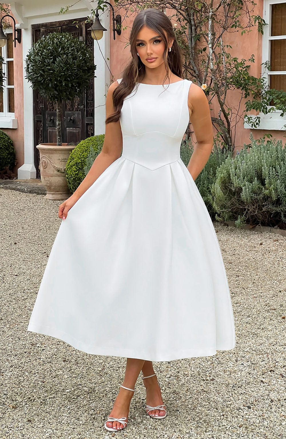 Boat Neck Sleeveless Basque Waist Pleated Fit and Flare Midi Dress 18