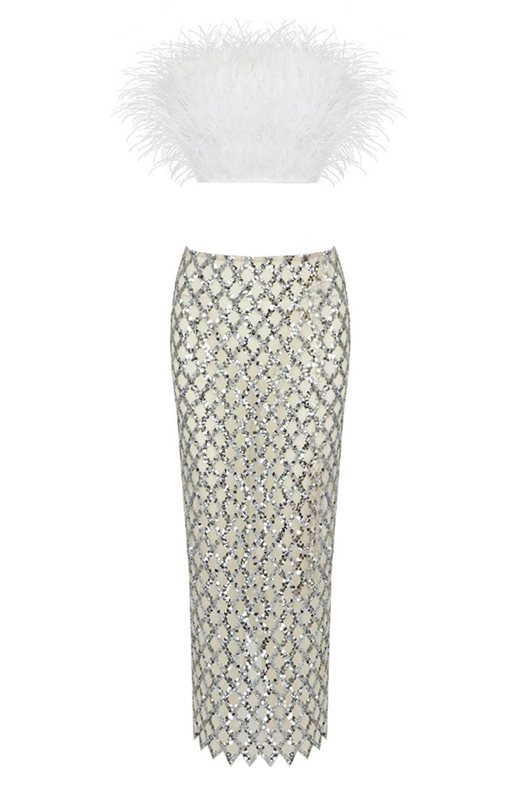 Sequin V-Neck Sleeveless Feather Bodycon Midi Cocktail Dress
