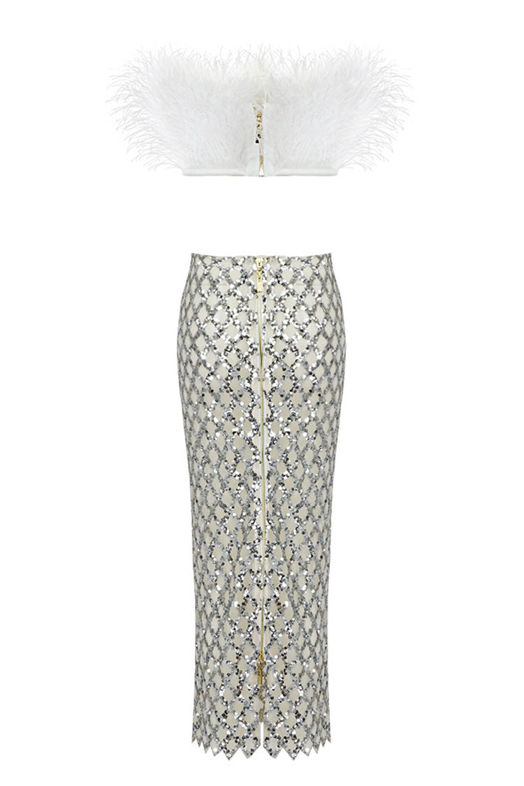 Sequin V-Neck Sleeveless Feather Bodycon Midi Cocktail Dress