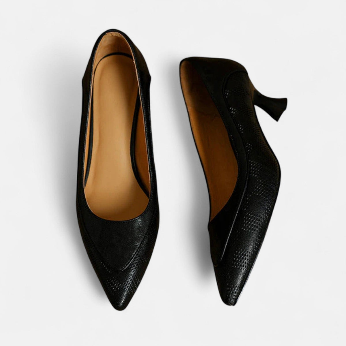 Pointed Toe Snake Embossed Trim Kitten Heel Pumps