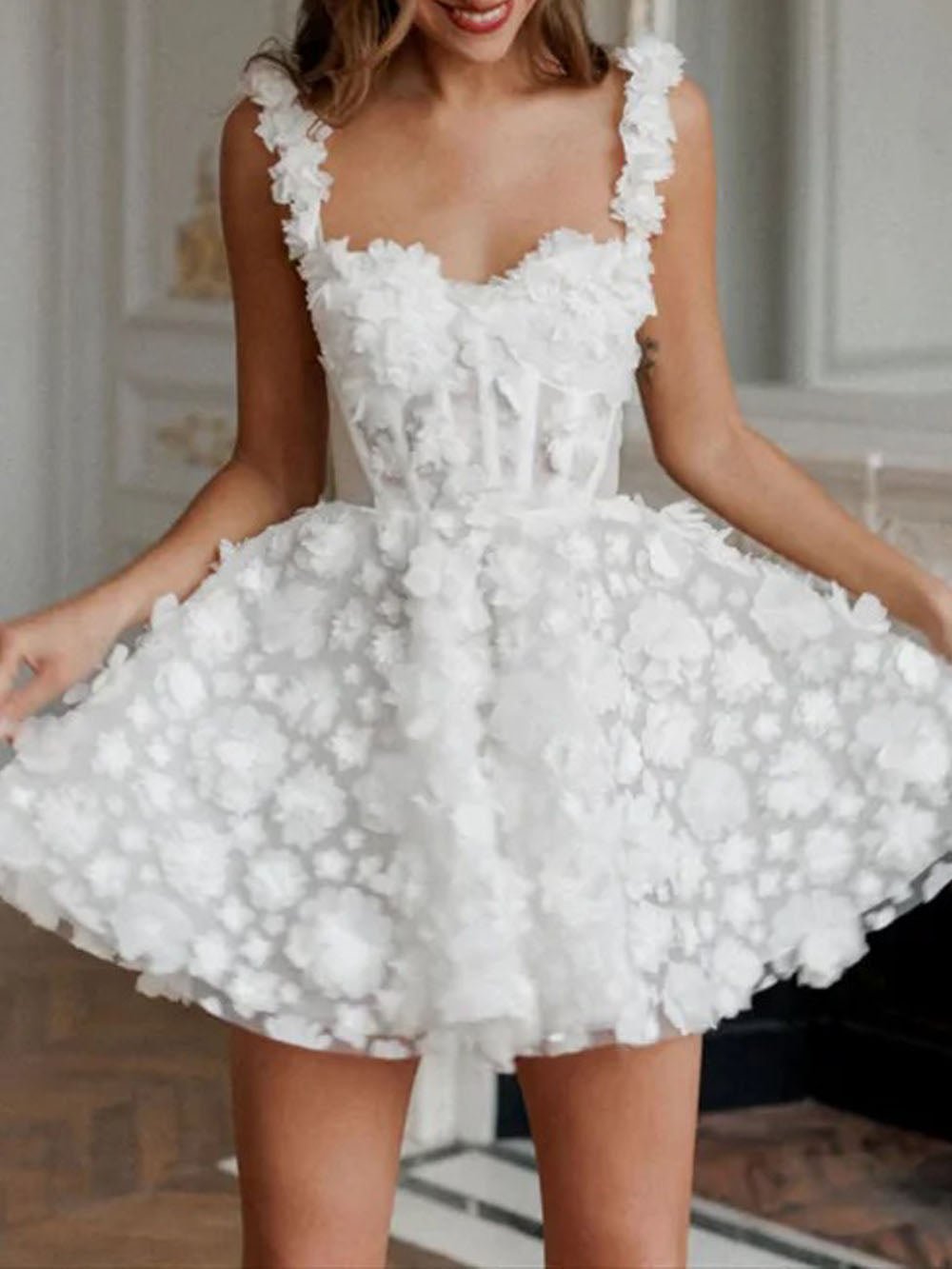 3D Floral Applique Sweetheart Neck Corset Fit and Flare Mini Dress