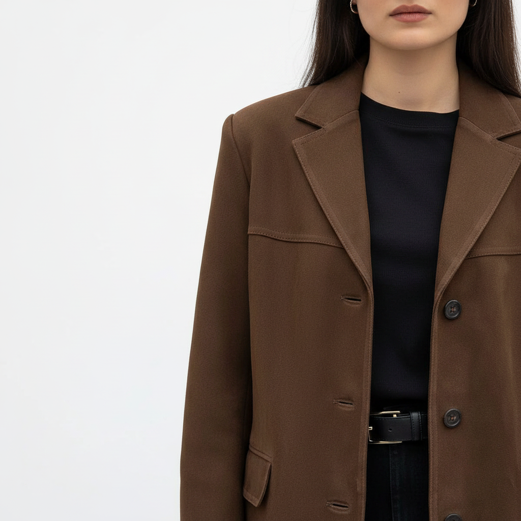 Elegant Brown Tailored Blazer with Padded Shoulders and Slim Fit