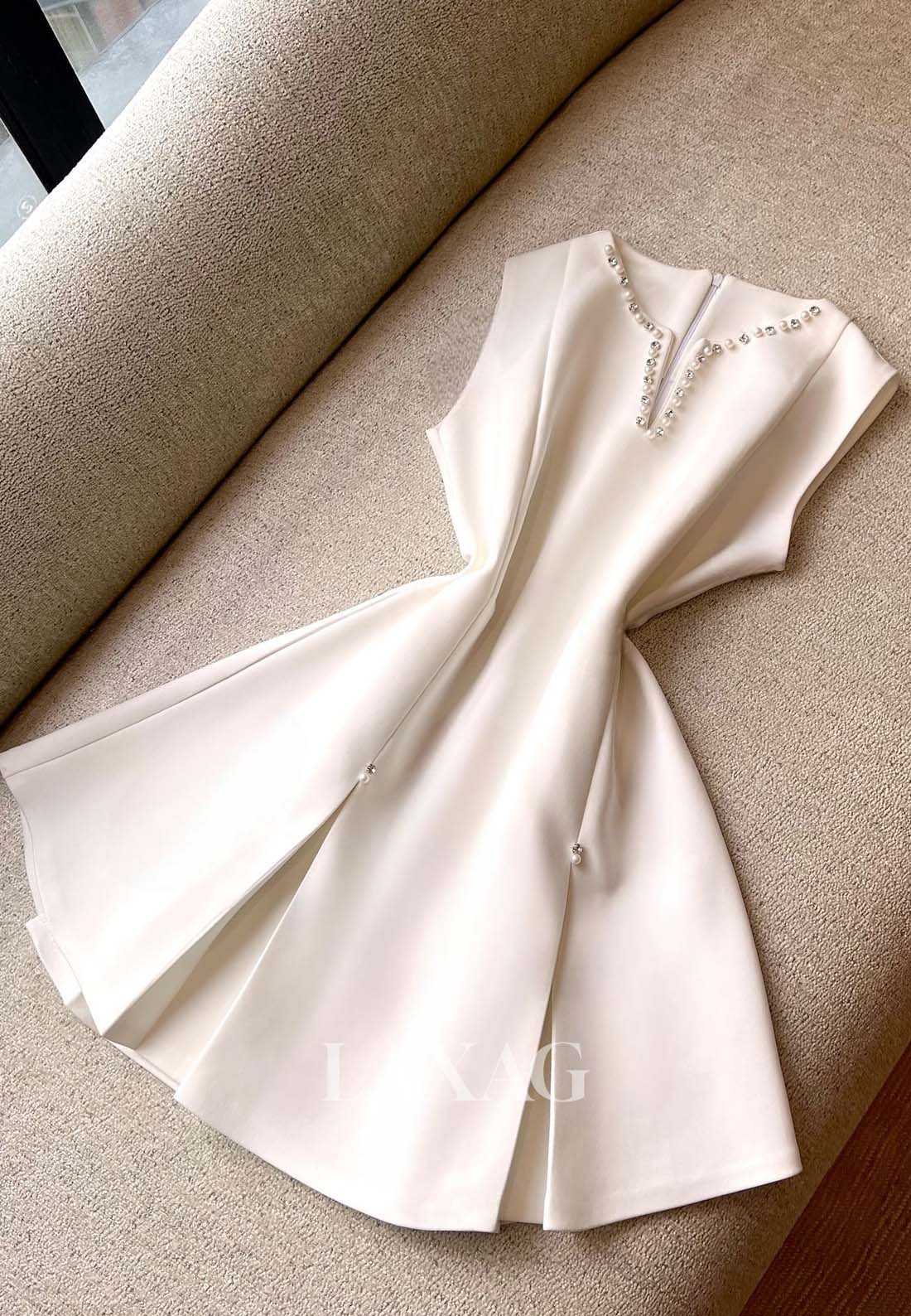 Deep V-Neck Cap-Sleeves Short Party Gowns Beaded Pleated Satin A-Line Homecoming Dress with Slit