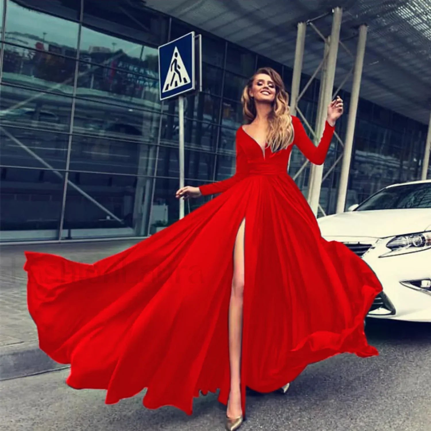 Cocktail For Women 2024 Classy Solid Color Long Sleeve V Neck Maxi Red Vintage Formal A-Line Prom Dress