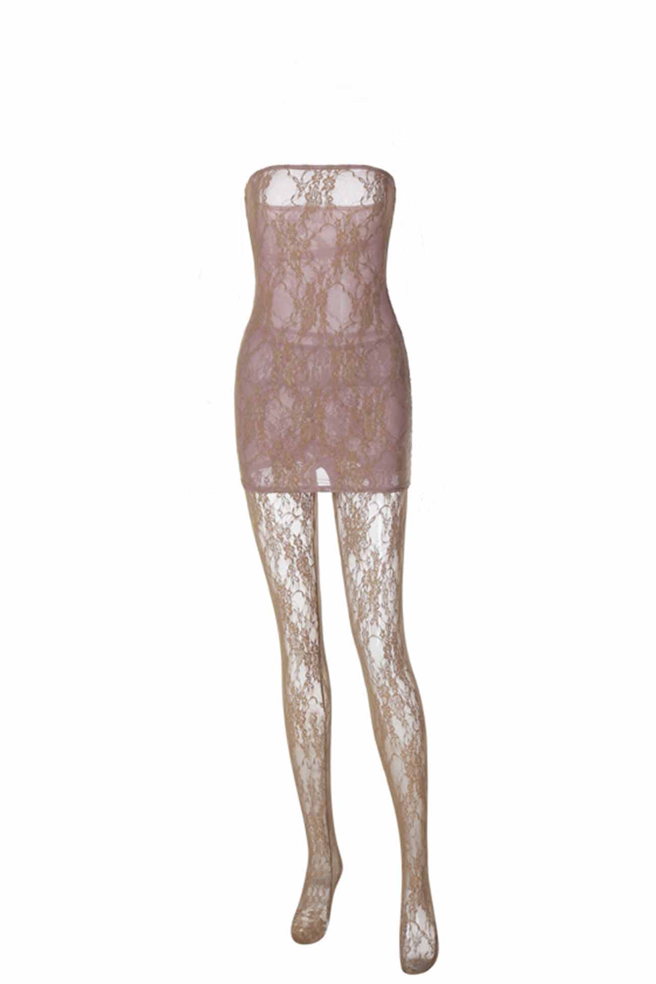 Strapless Floral Lace Bodycon Mini Dress and Lace Leggings Two Piece Set