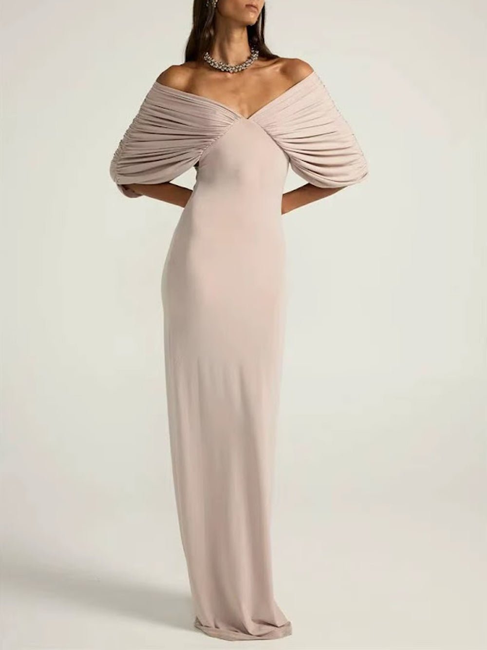 Off Shoulder V-Neck Ruched Draped Maxi Gown - View 3