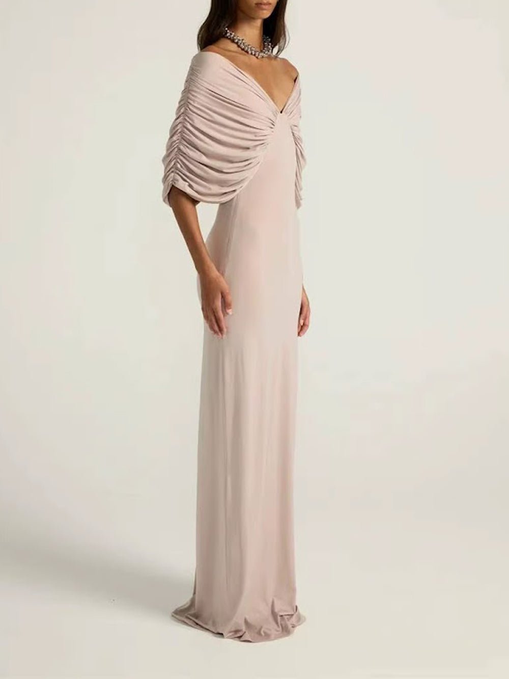 Off Shoulder V-Neck Ruched Draped Maxi Gown - View 5