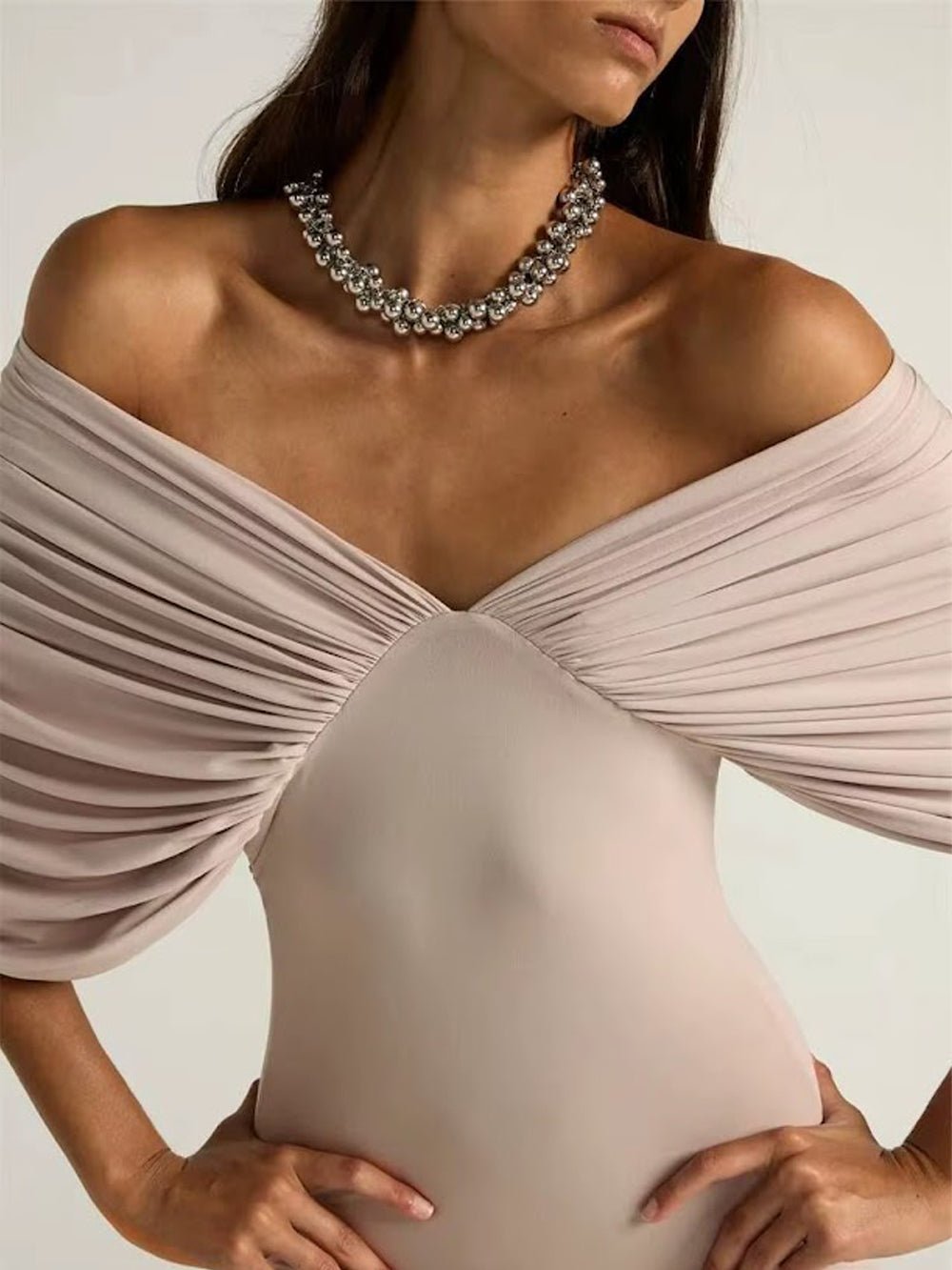 Off Shoulder V-Neck Ruched Draped Maxi Gown - View 7