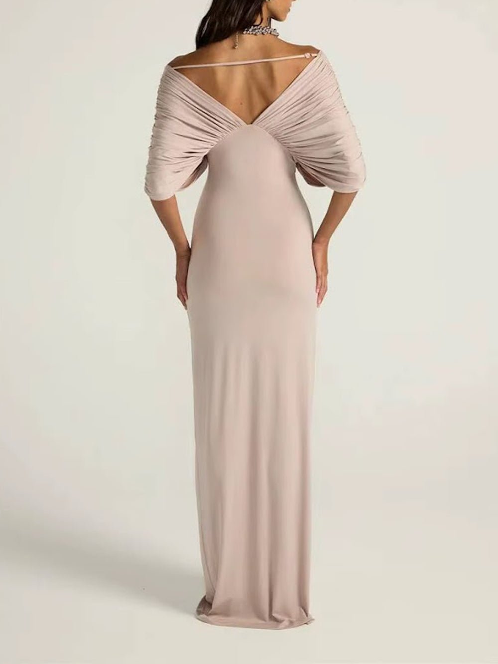 Off Shoulder V-Neck Ruched Draped Maxi Gown - View 2