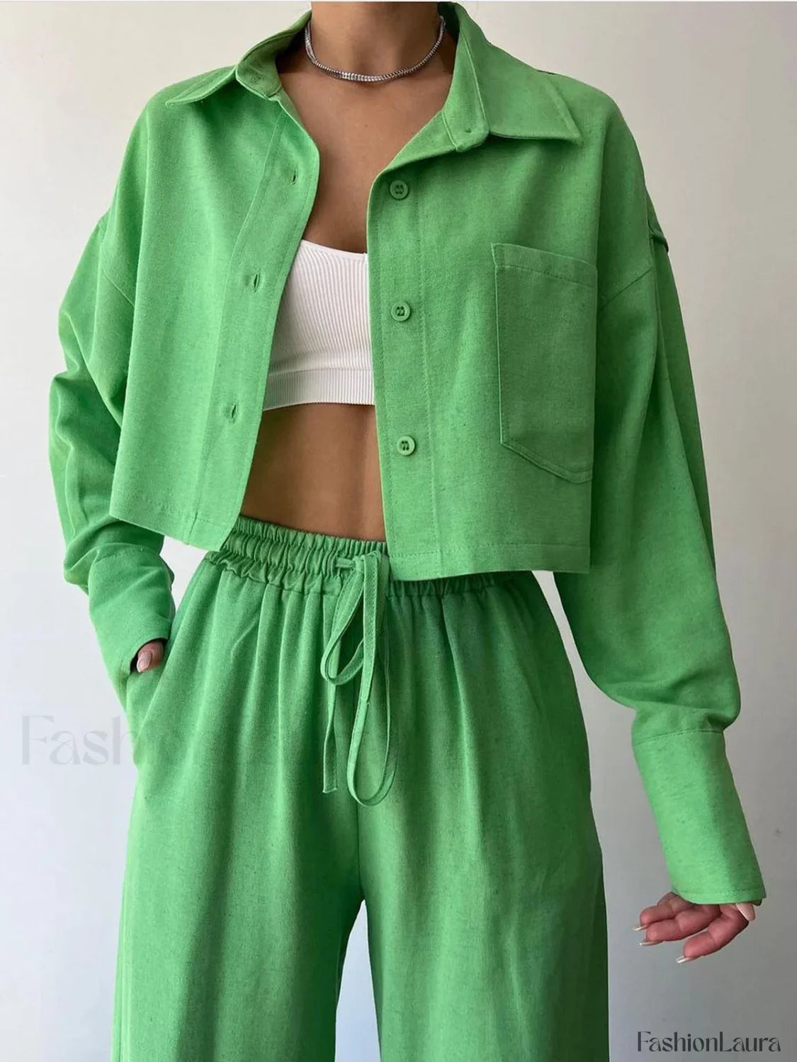 Collared Drawstring Two Piece Pants Set