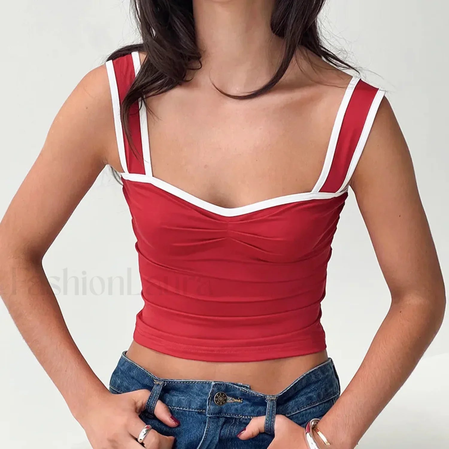 Color Block Square Crop Top Red / S