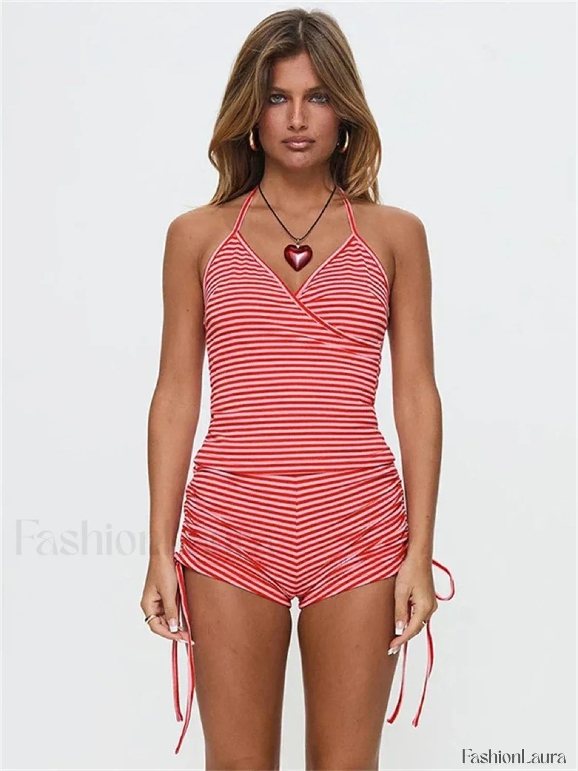 Color Block Tie Back Shorts Two Piece Set