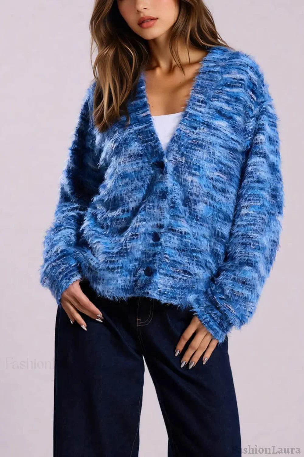 Color Blocked V Neck Cardigan S / Blue