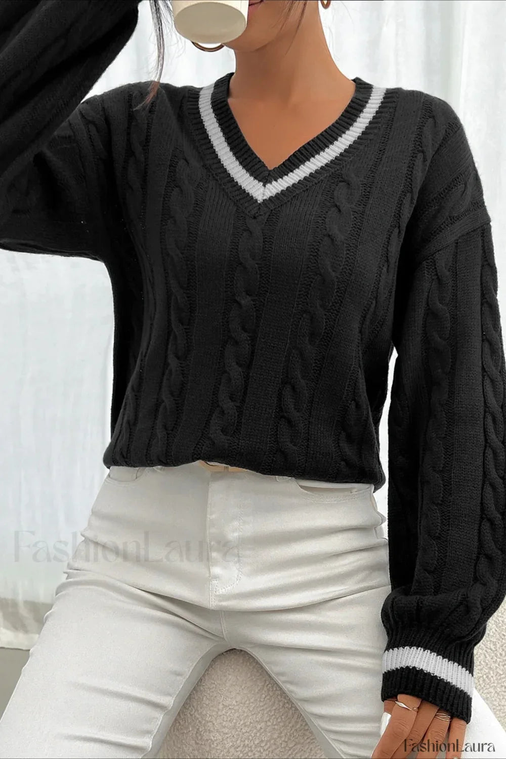 Colorblock Cable Knit V Neck Sweater
