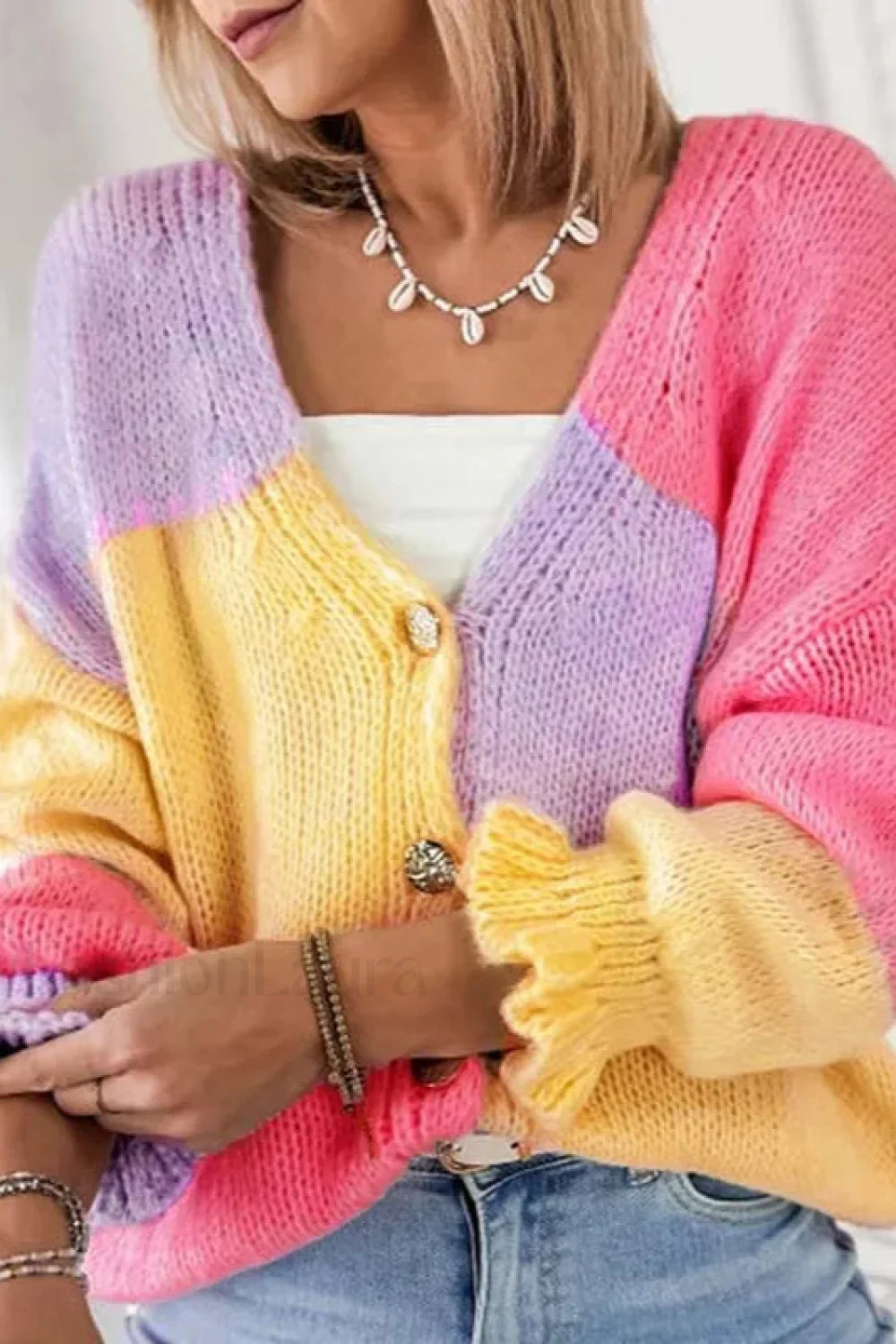 Colorblock Knit V-Neck Cardigan