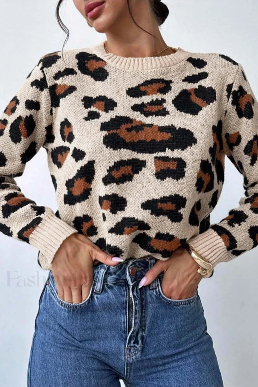 Colorblock Leopard Crewneck Sweater Brown / S