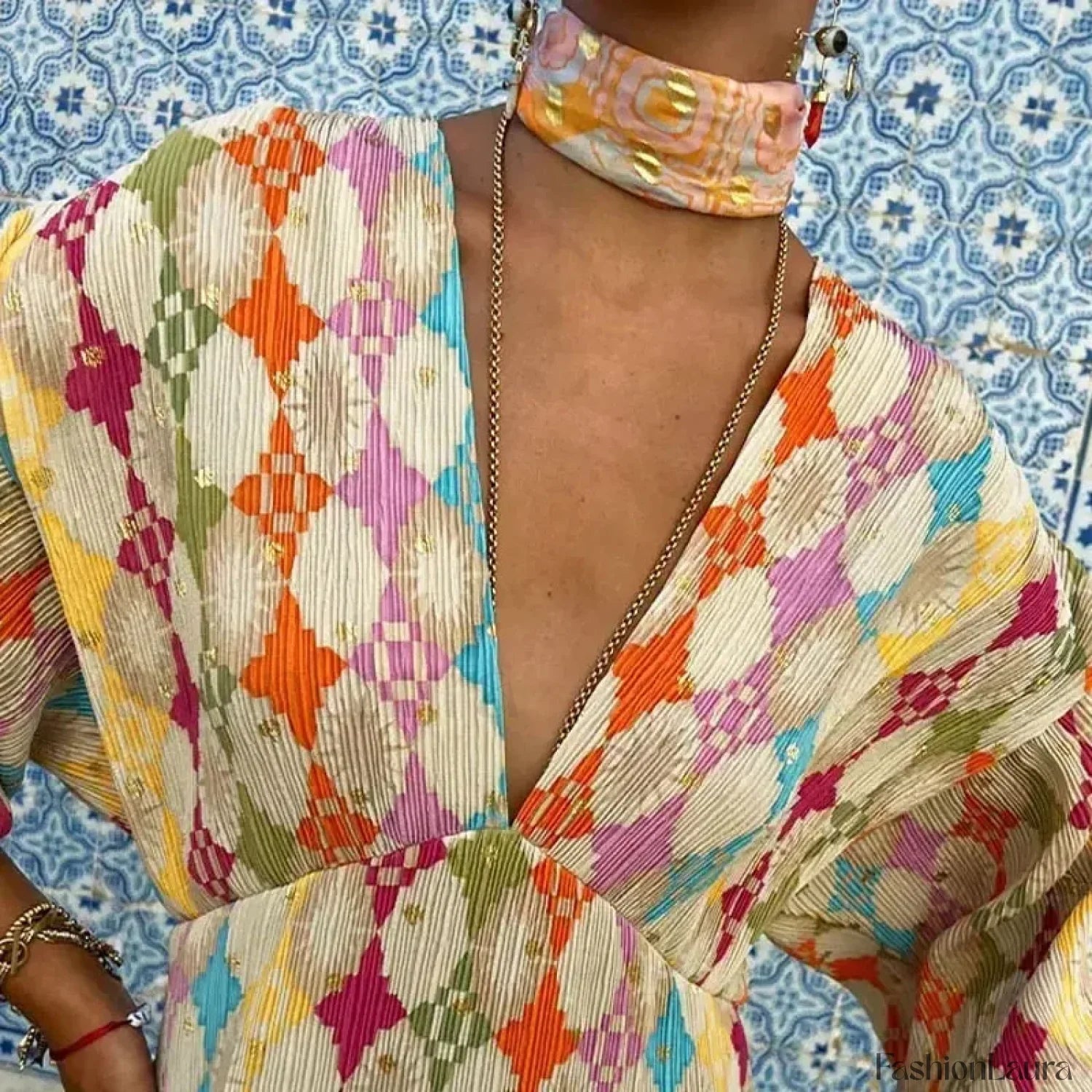 Colorful Lantern-Sleeve Boho Dress