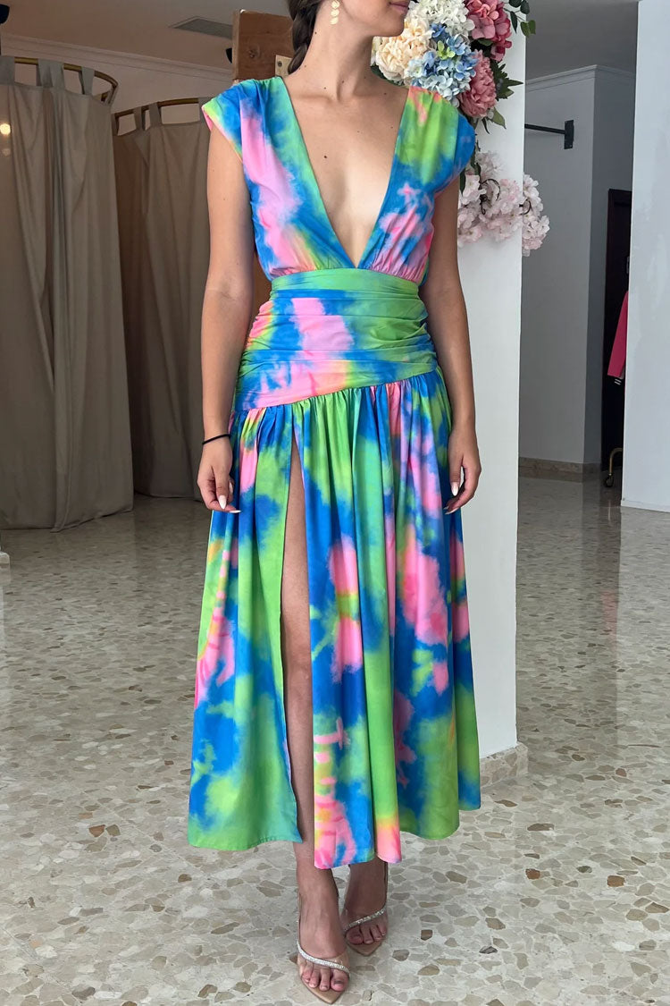Tie Dye Deep V-Neck Ruched High Split Midi Dress