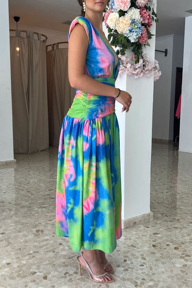 Tie Dye Deep V-Neck Ruched High Split Midi Dress