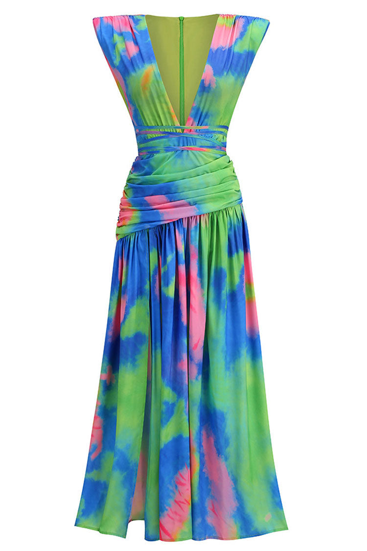 Tie Dye Deep V-Neck Ruched High Split Midi Dress