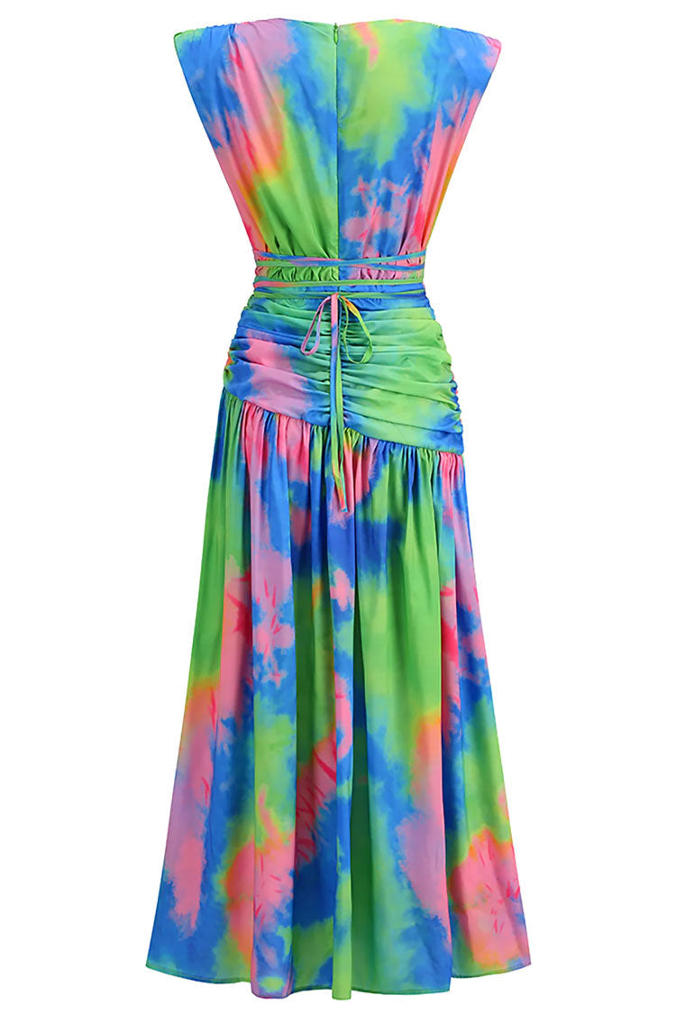 Tie Dye Deep V-Neck Ruched High Split Midi Dress