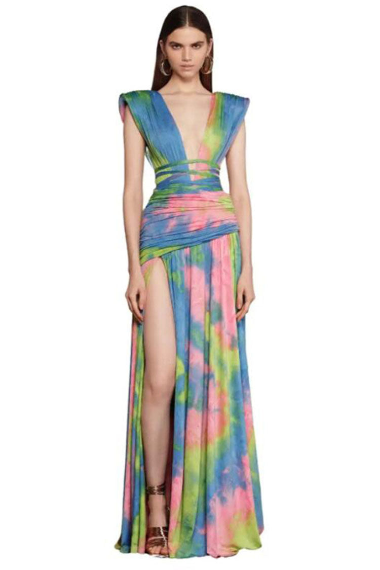 Tie Dye Deep V-Neck Ruched High Split Midi Dress - View 4