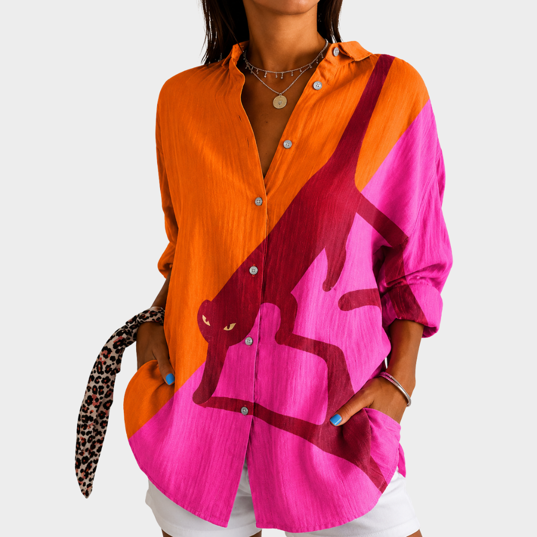 Collared Long Sleeve Colorblock Cat Print Shirt
