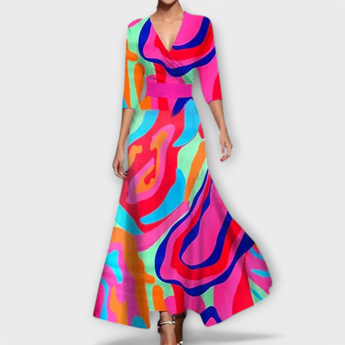 Floral Print V-Neck Long Sleeve Fit and Flare Maxi Dress