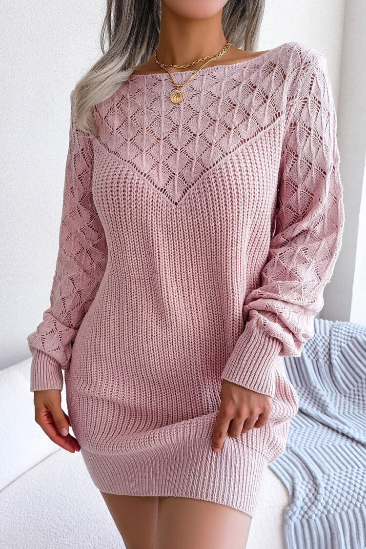 Pointelle Knit Boat Neck Long Sleeve Ribbed Sweater Mini Dress