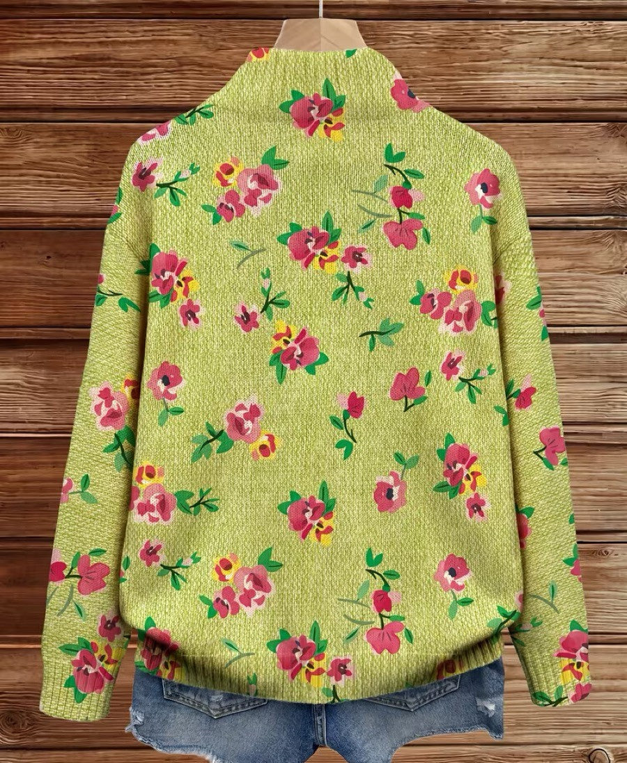 Ditsy Floral Zip Front Mock Neck Cardigan