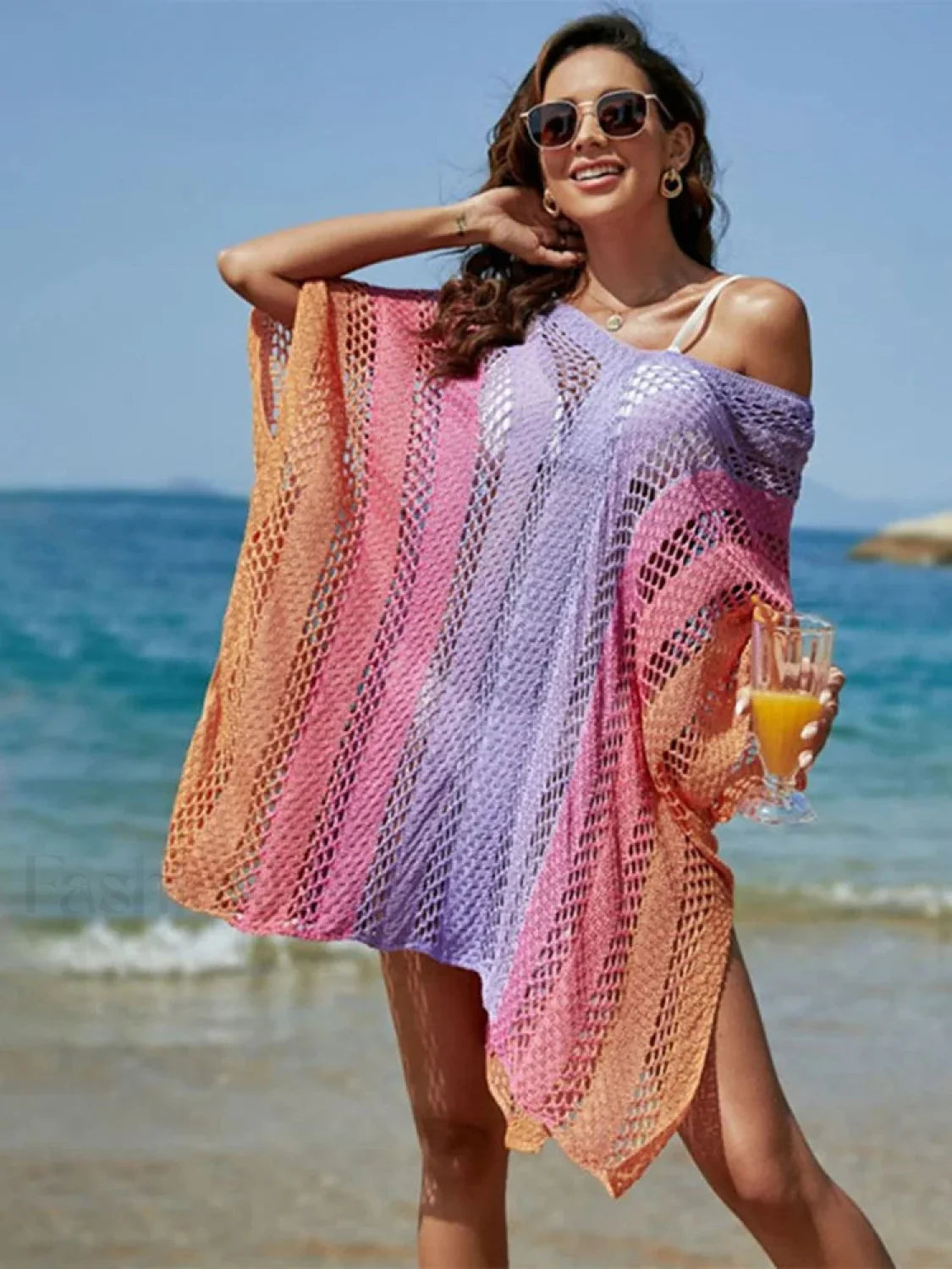 Contrast Color Knitted V-Neck Cover Up