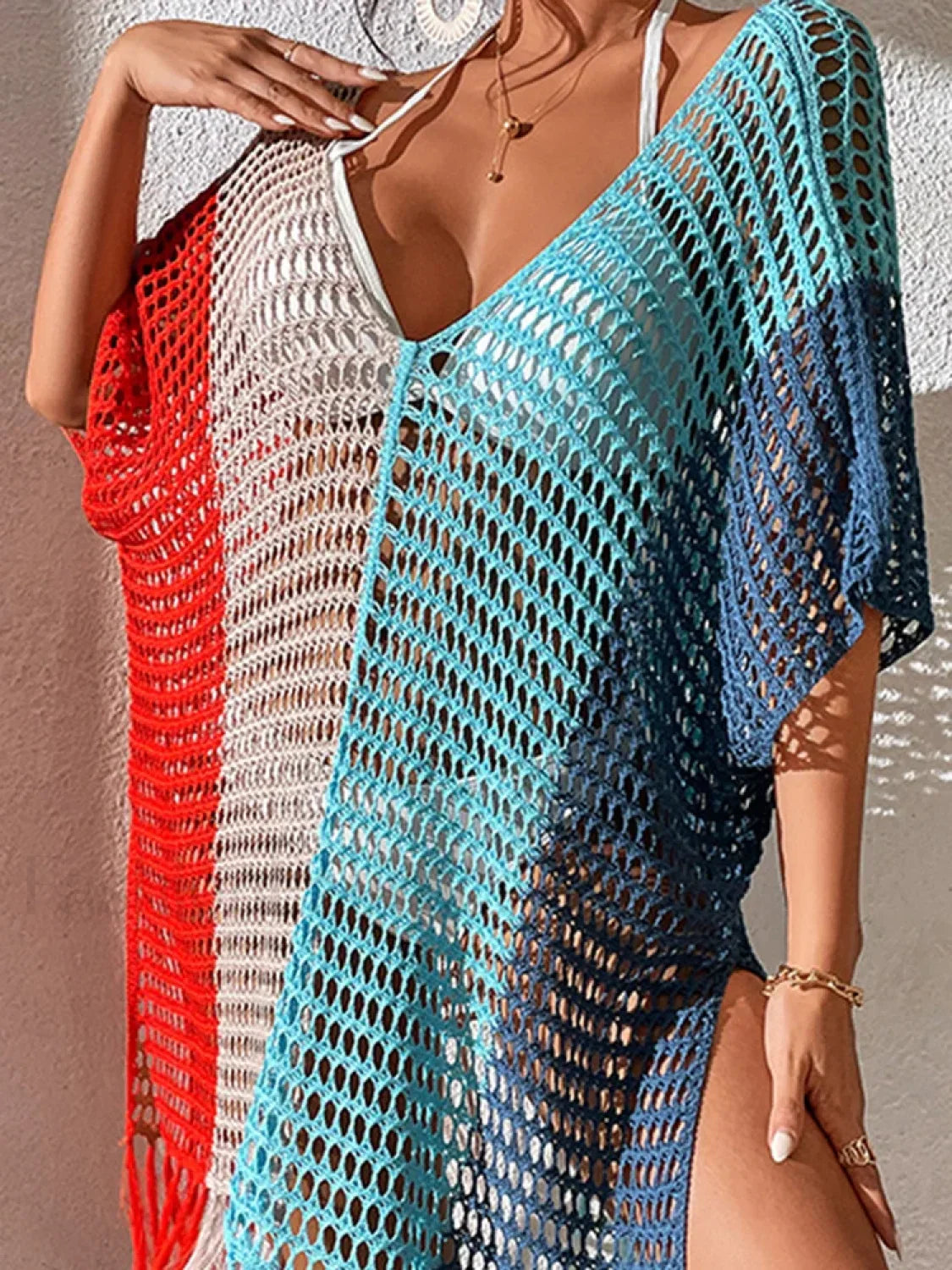 Contrast Color Tassel See Through Cover Up