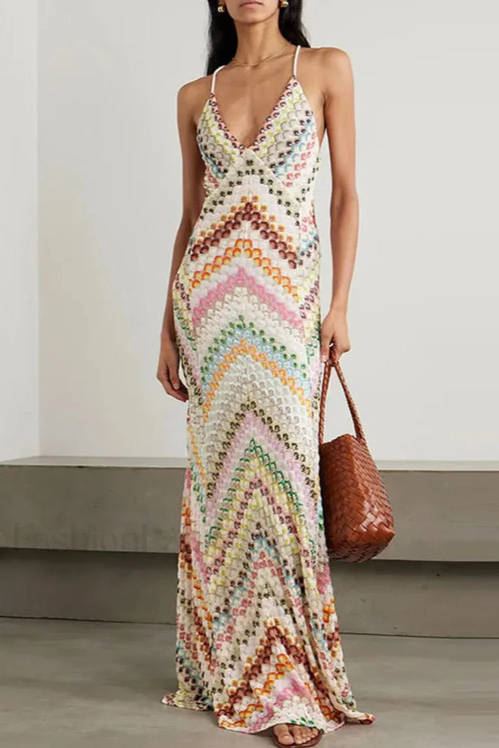 Contrast Color V-Neck Boho Dress