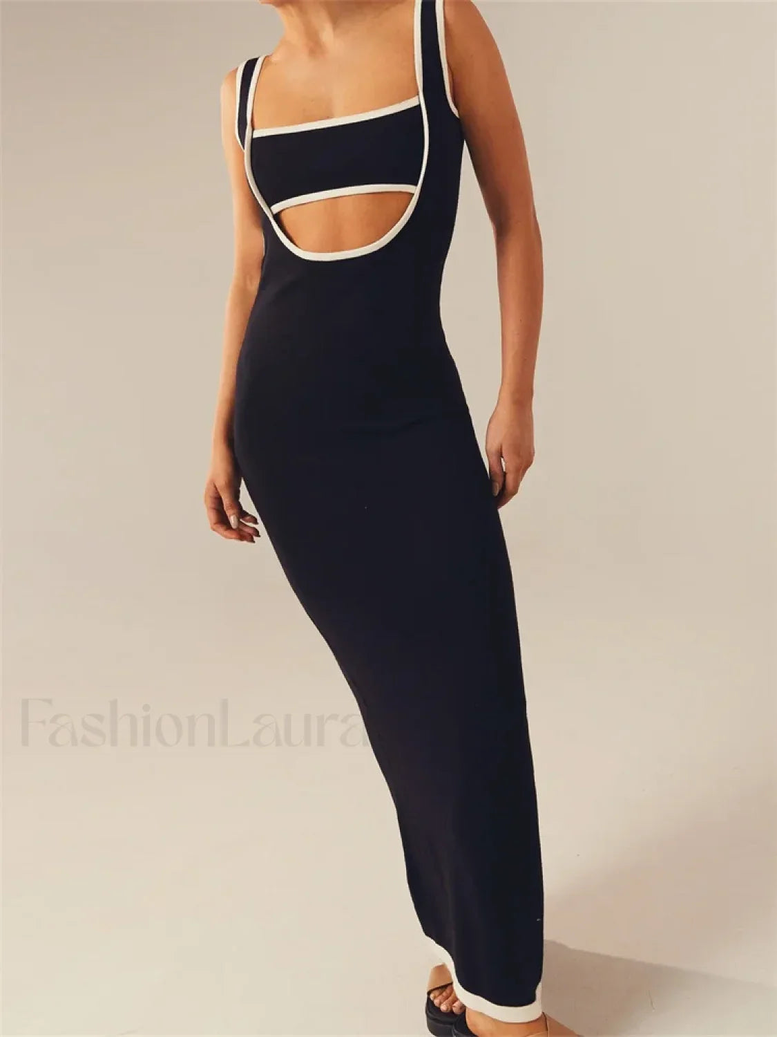 Contrast Hollow Knitted Maxi Dress