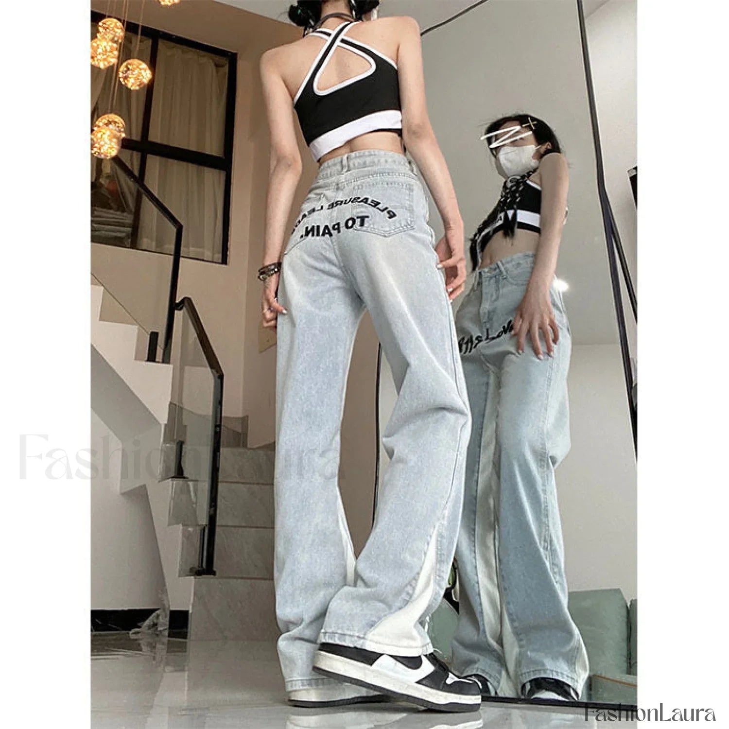 Contrast Letter Graceful Patchwork Straight Jeans