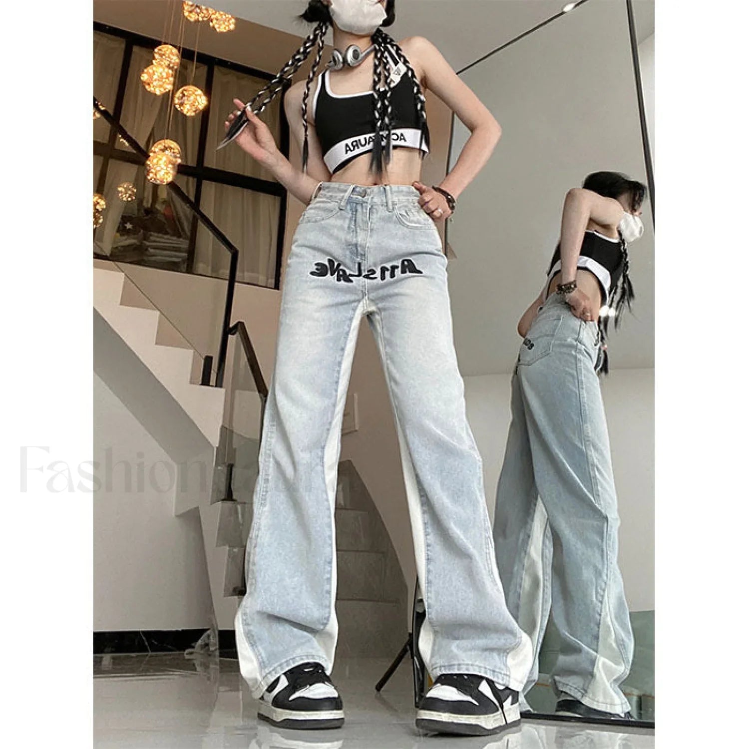 Contrast Letter Graceful Patchwork Straight Jeans