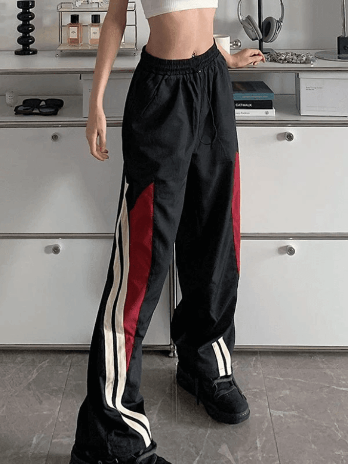 Elastic Waist Drawstring Side Stripe Contrast Panel Wide Leg Track Pants