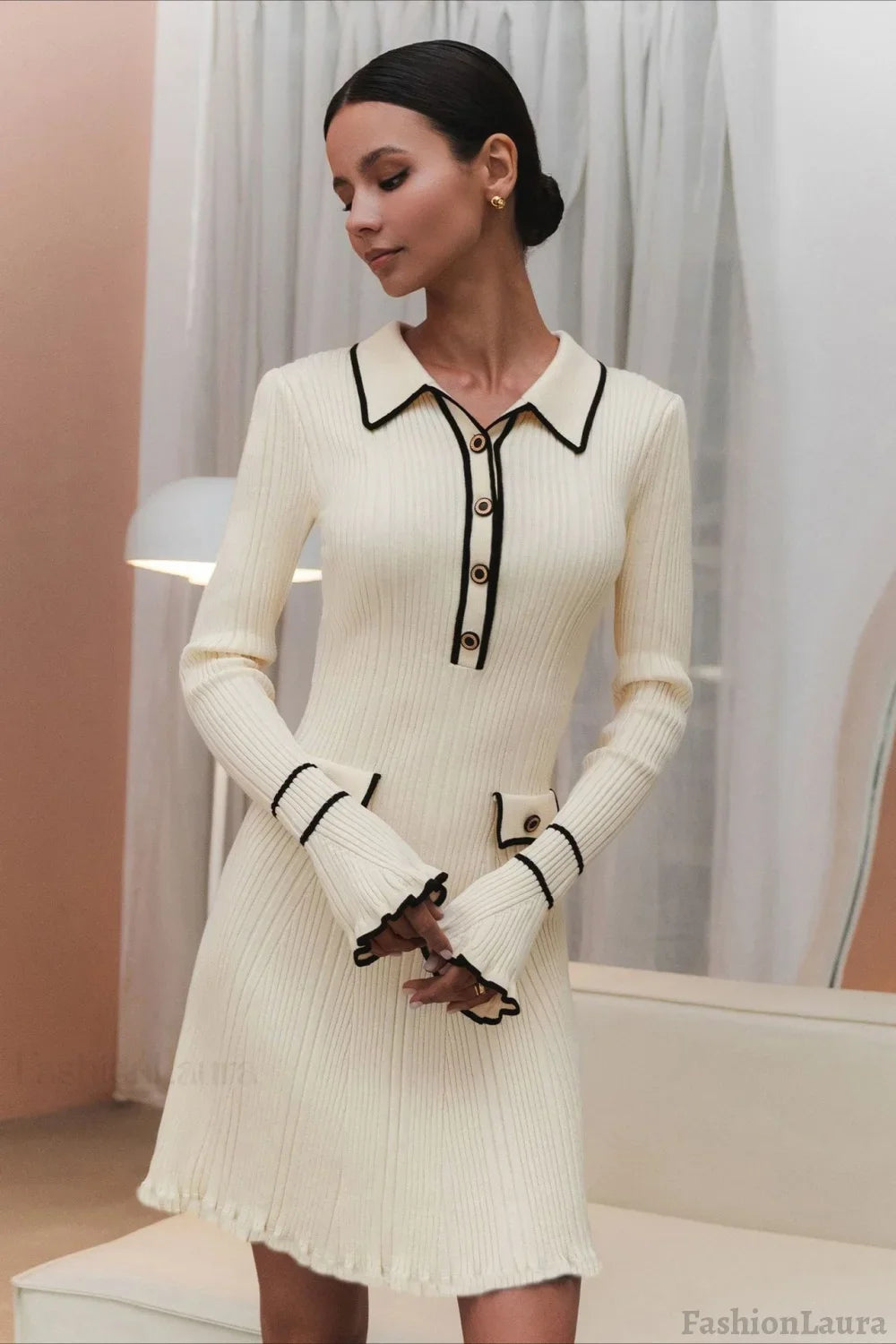 Contrast Ruffle Collar Sweater Dress