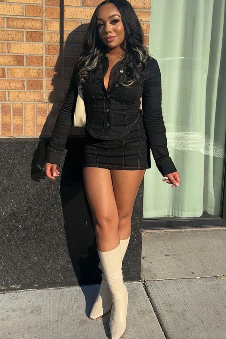 Contrast Stitch Button Up Cropped Jacket Bodycon Mini Skirt Two Piece Dress