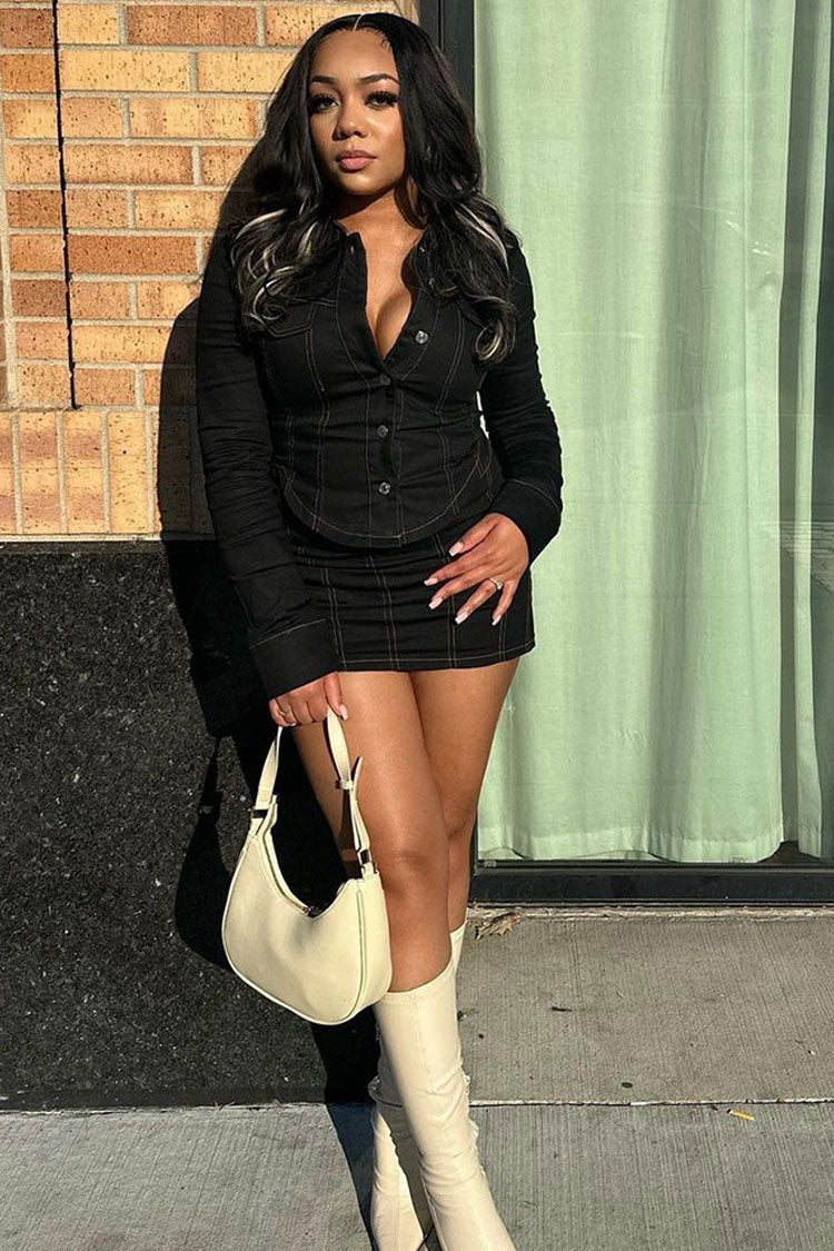 Contrast Stitch Button Up Cropped Jacket Bodycon Mini Skirt Two Piece Dress