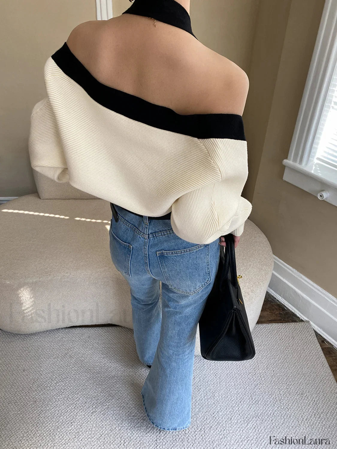 Contrast Trim Halter Bolero Modern Two Piece Sweater Set