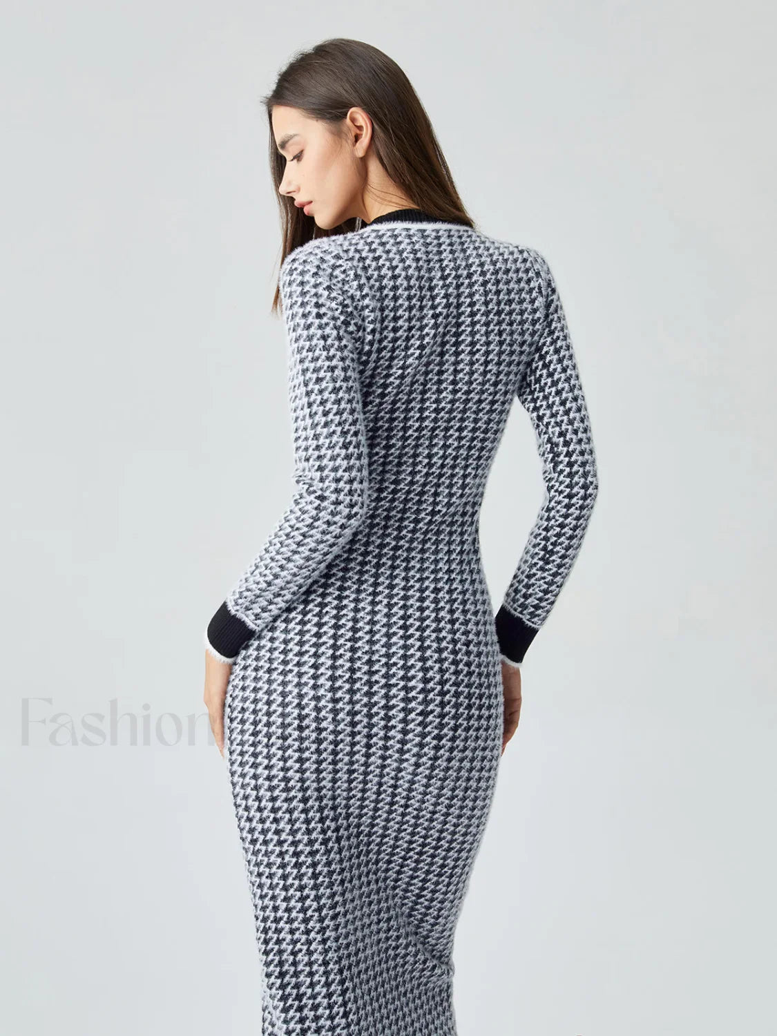 Contrast Trim Herringbone Trendy Bodycon Sweater Midi Dress