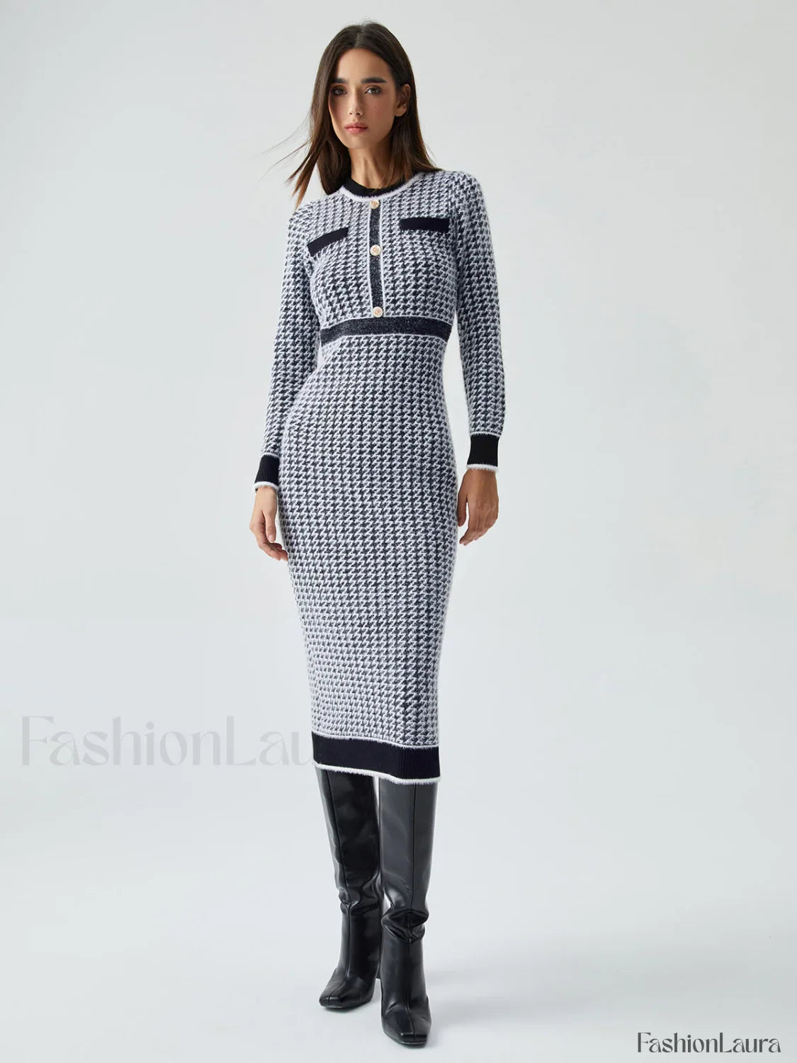 Contrast Trim Herringbone Trendy Bodycon Sweater Midi Dress