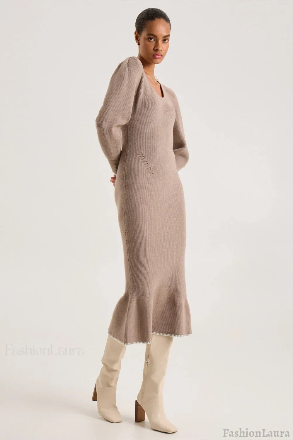 Contrast Trim Ruffle Sweater Dress