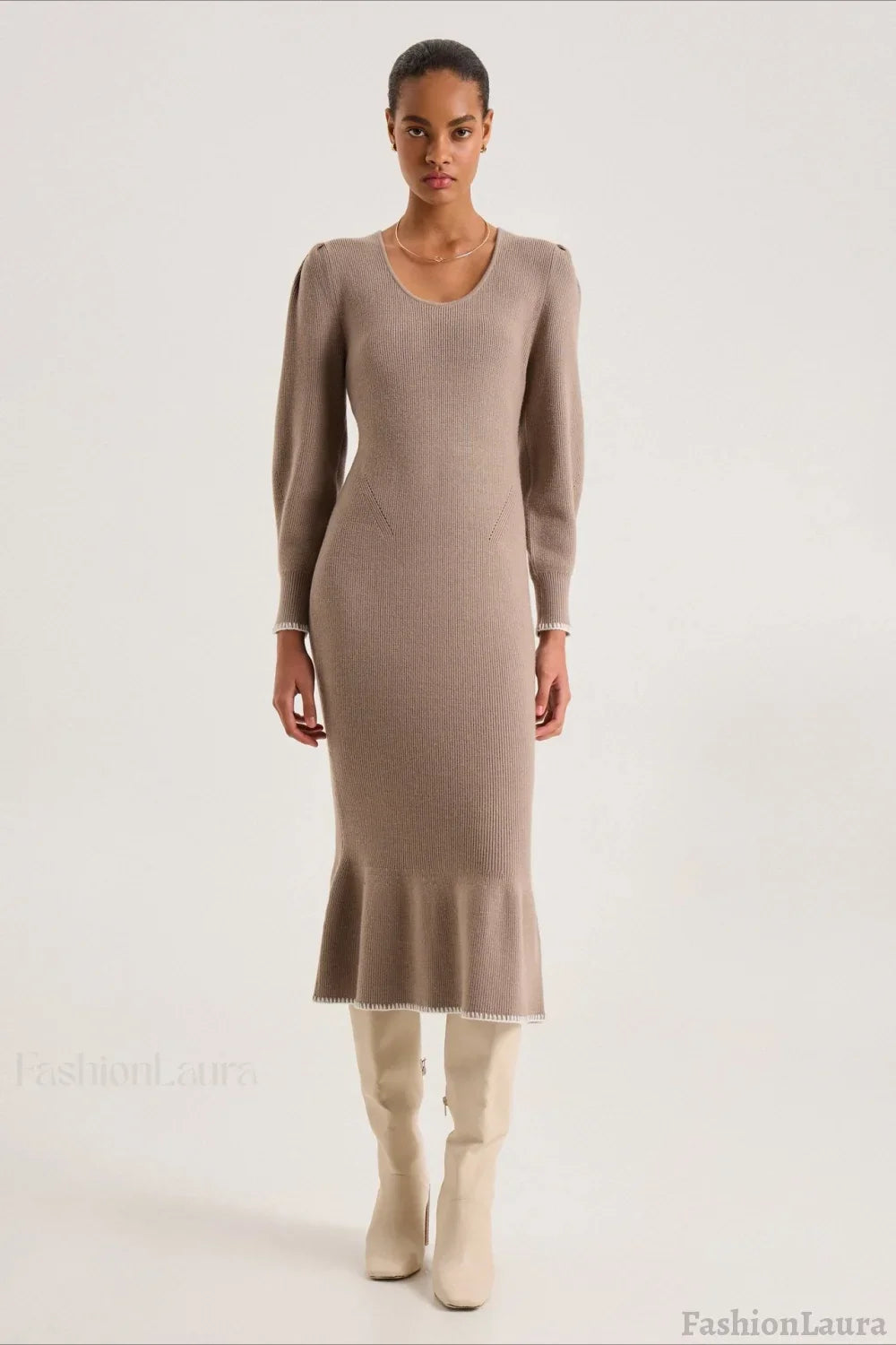 Contrast Trim Ruffle Sweater Dress