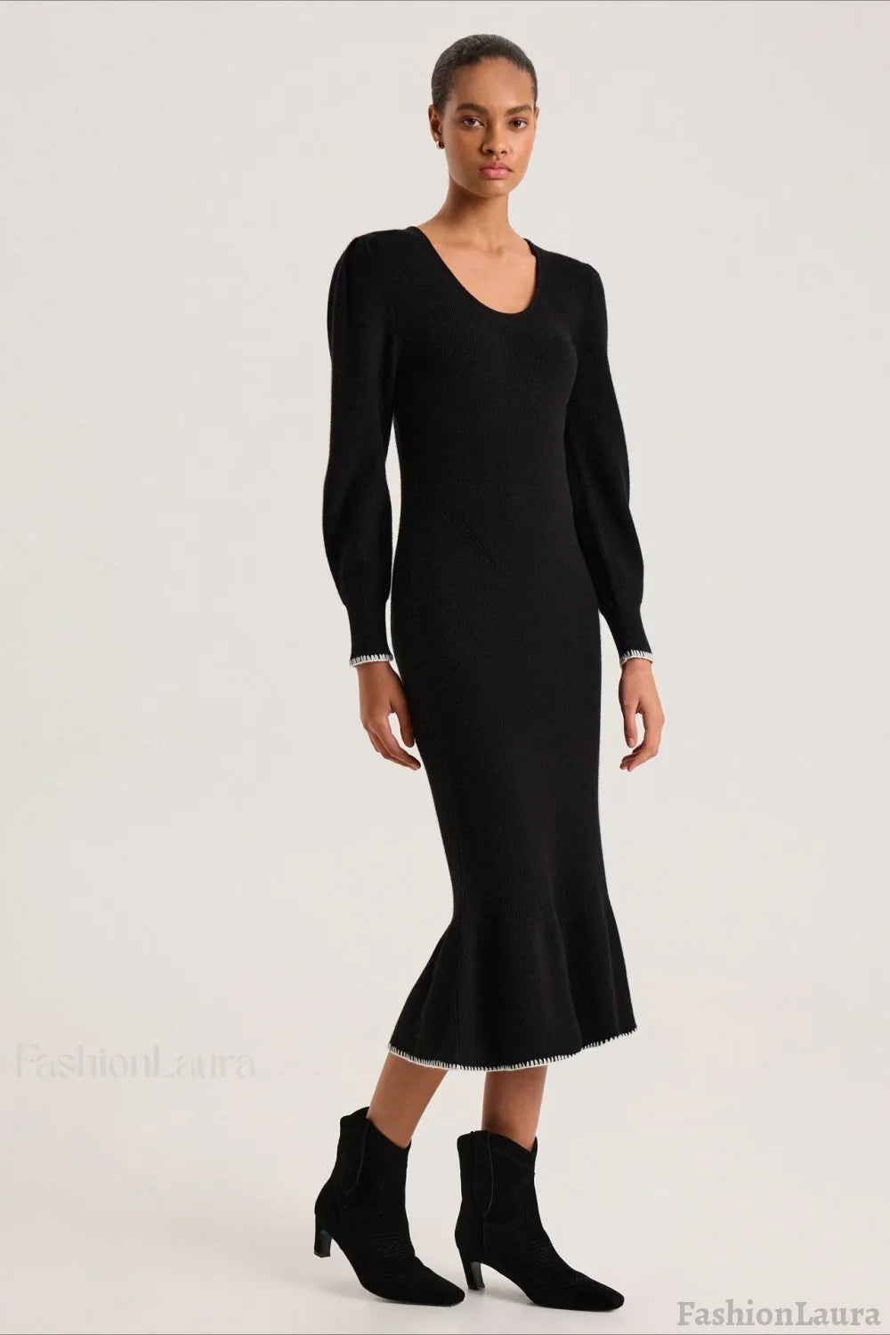 Contrast Trim Ruffle Sweater Dress