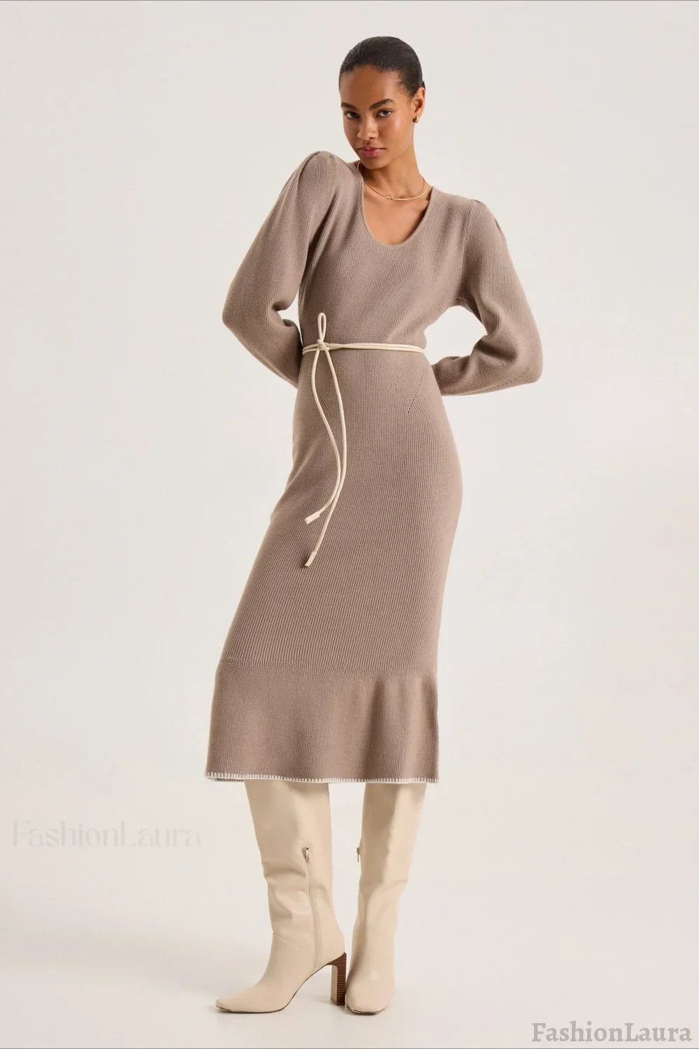 Contrast Trim Ruffle Sweater Dress