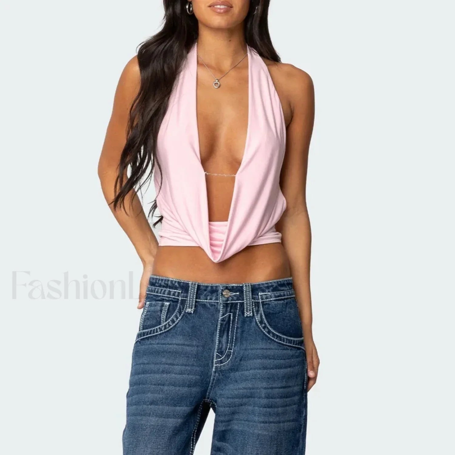 Coquette Deep V Backless Crop Top Pink / S