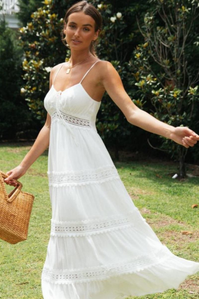 Spaghetti Strap Tie Front Lace Trim Tiered Maxi Summer Dress 2