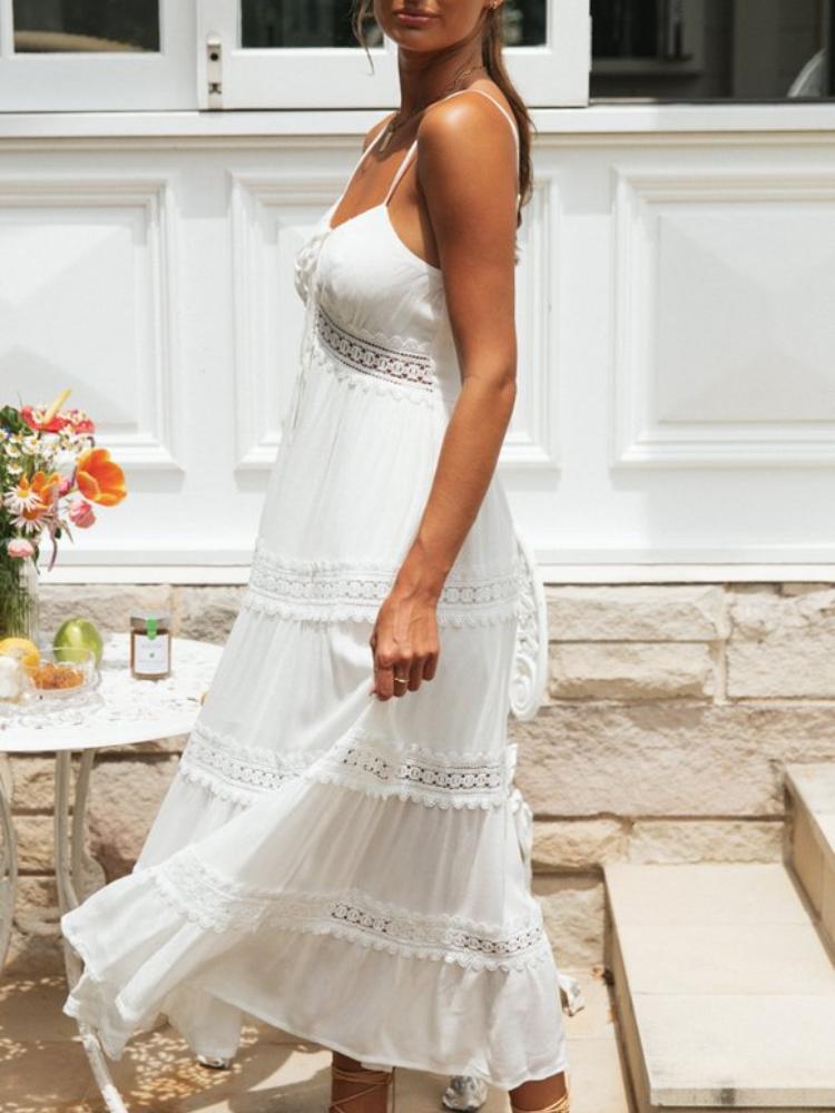 Spaghetti Strap Crochet Lace Tiered Maxi Dress Summer 5